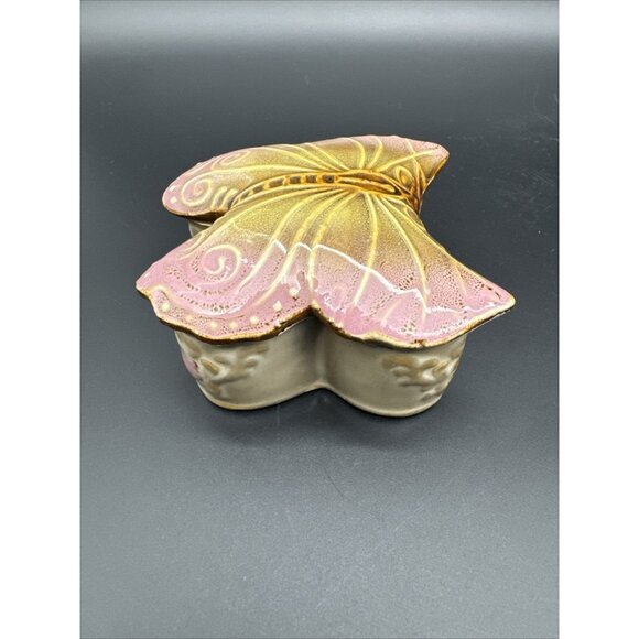 Vintage Glazed Ceramic Butterfly Pink Trinket Dish Stash Box - Picture 8 of 15